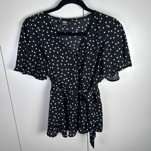 Bobeau Womens S Black White Polka Dot Faux Wrap Peplum‎ Flutter Sleeve Blouse